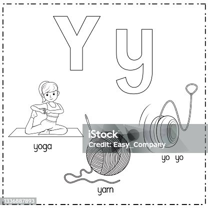 istock Vector illustration for learning the letter Y in both lowercase and uppercase for children with 3 cartoon images. Yoga Yarn Yo yo. 1336887893