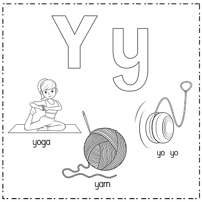 Vector illustration for learning the letter Y in both lowercase and uppercase for children with 3 cartoon images. Yoga Yarn Yo yo.