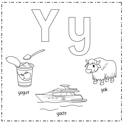 Vector illustration for learning the letter Y in both lowercase and uppercase for children with 3 cartoon images. Yogurt Yacht Yak.