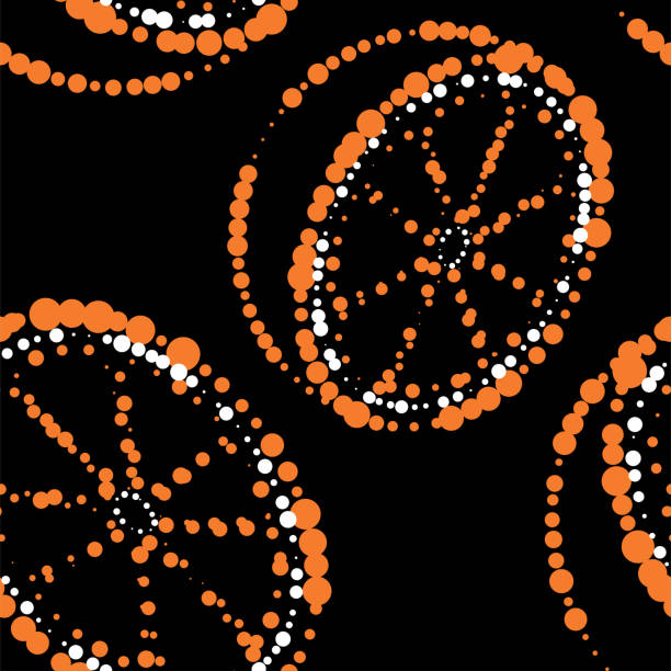 ilustrações de stock, clip art, desenhos animados e ícones de vector illustration. geometric seamless pattern. juicy orange, lemon consisting of dots of different sizes, dotted line. spotted abstract summer background in the form of citrus fruits. - spot light orange