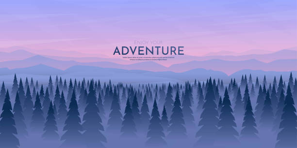 Vector illustration. Geometric template for website or game. Polygonal and triangle shapes. Misty forest. Evening sunset scene. Blue gradient color. Mountain ridge. Hills. Flat cartoon concept Vector illustration. Geometric template for website or game. Polygonal and triangle shapes. Misty forest. Evening sunset scene. Blue gradient color. Mountain ridge. Hills. Flat cartoon concept mountains in mist stock illustrations