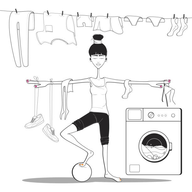 векторная иллюстрация. девушка делает йогу в ванной комнате. моет одежду в стиральной машине. чёрно-белый - чёрно белый stock illustrations