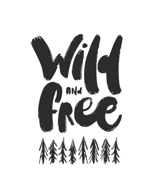Vector illustration: Handwritten furry brush lettering of Wild and free with hand drawn pine forest. Handwritten furry brush lettering of Wild and free with hand drawn pine forest. animals in the wild stock illustrations
