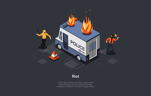 Vector Illustration In Cartoon 3D Style. Isometric Composition On Political Riot, Rebel Concept. Dark Background, Characters, Text. Two People Standing, Weapon In Hands, Burning Police Truck Near.