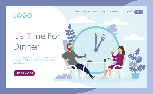 Vector Illustration In Cartoon Flat Style. Landing Page Interface Layout Composition With Characters And Elements. Dinner Time Concept Art. Woman And Man Sitting At Table Eating, Big Clock Behind