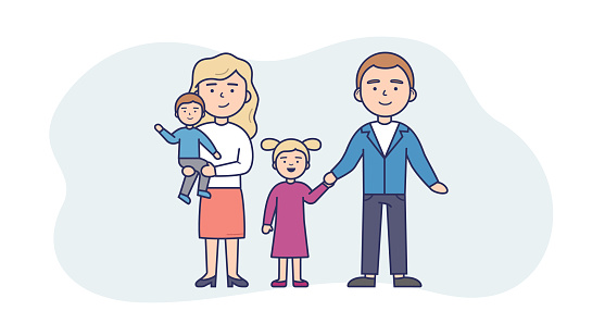 Vector Illustration In Flat Cartoon Style. Linear Composition With Outline. White Background And Characters. People Standing Together. Family Of Four Members. Two Parents With Toddler Son And Daughter