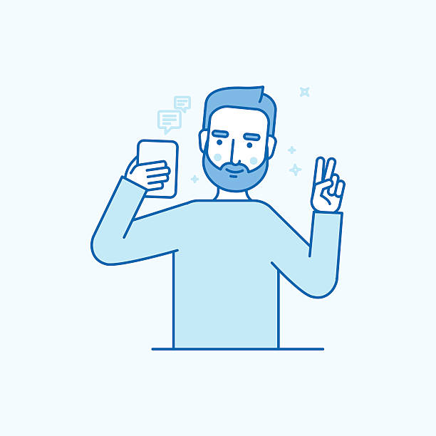 Vector illustration in flat linear style - internet or video Vector illustration in flat linear style and blue colors - man making selfie using his mobile phone or recording video or chatting with his friends online - internet or video blog concept selfie patterns stock illustrations