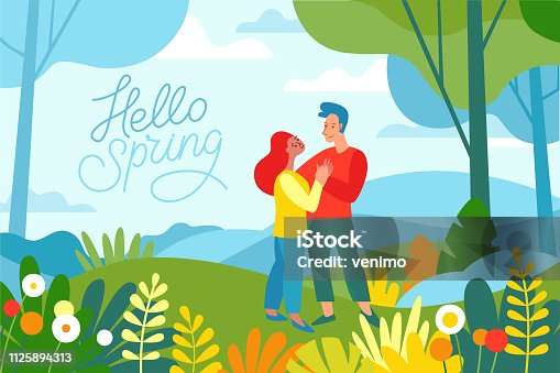 istock Vector illustration in flat linear style - spring illustration - landscape illustration with two characters exploring forest 1125894313
