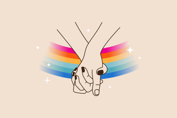 ilustrações, clipart, desenhos animados e ícones de ilustração vetorial em estilo linear simples plano - mão e orgulho coração de arco-íris lgbt - lésbica gay bissexual transgênero conceito de amor - lgbt