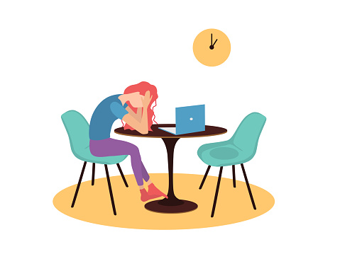Vector illustration in flat style. A woman is sitting at a table opposite a laptop.