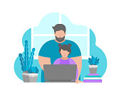 Vector illustration in flat style. Sitting father and daughter with laptop. Online education with class in quarantine time, making homework with parent's help. Homeschooling. Blue and violet colours.