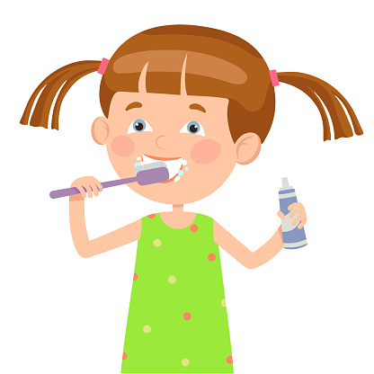 Vector illustration in flat style. The girl brushes her teeth, takes care of her teeth.