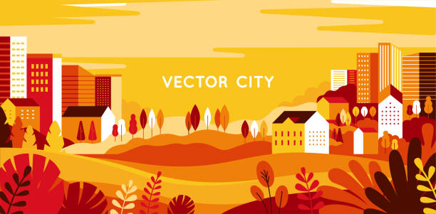 Vector illustration in simple minimal geometric flat style - autumn city landscape Vector illustration in simple minimal geometric flat style - autumn city landscape with buildings, hills and trees - abstract horizontal banner and background with copy space for text - header images for websites, covers landscape scenery stock illustrations