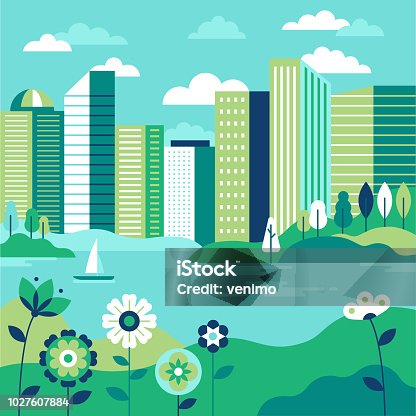 istock Vector illustration in simple minimal geometric flat style - city landscape with buildings, lake flowers and trees 1027607884