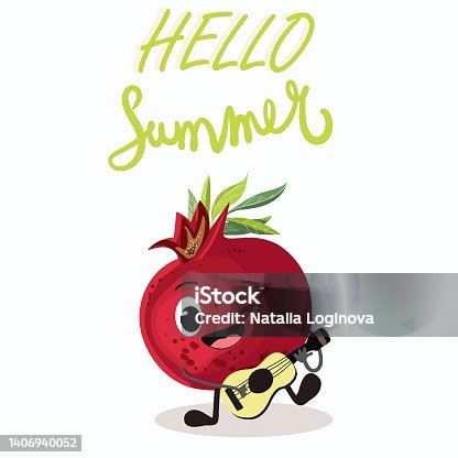 istock Vector illustration in the form of a cartoon cute pomegranate character playing a guitar or ukulele. Organic fruits or vegetarian food. Lettering hello summer. Summer time, summer mood. 1406940052