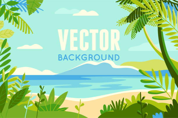 ilustraciones, imágenes clip art, dibujos animados e iconos de stock de ilustración de vector en el plano de moda y estilo - fondo con espacio de copia de texto - plantas, hojas, palmeras y cielo - paisaje de playa - beach