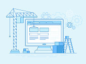 Vector illustration in trendy flat and linear style - web design and user interface development concept - construction website with blocks in the browser - banner and infographics design template
