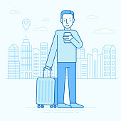 Vector illustration in trendy flat linear style and blue colors - travelling man with mobile phone searching for hotel in mobile app - travel concept and icon