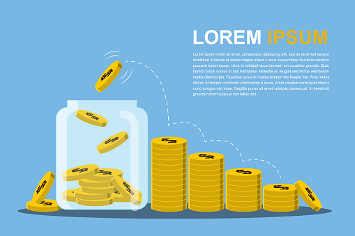 Vector illustration. Jar with coins stack growth financial, save money and investment concept