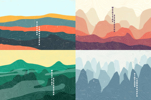 벡터 일러스트 레이션 풍경입니다. 여름. 숲, 계곡, 산 봉우리. 휴가 개념. 만화 추상화. 풍경. 간단한 배경 화면. 빈티지 배경 컬렉션. - mountain stock illustrations