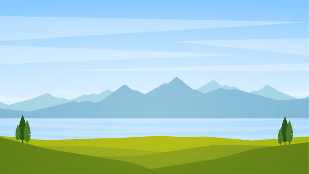 stockillustraties, clipart, cartoons en iconen met vector illustratie: landschap met meer of de baai en de bergen aan de horizon - meer