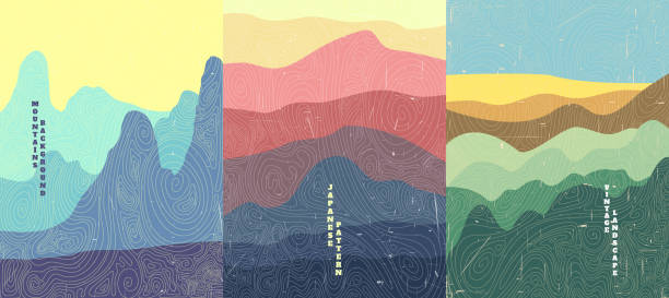 Vector illustration landscape. Wood surface texture. Hills, mountains, meadow. Japanese wave pattern. Mountain background. Asian style. Design for poster, book cover, web template, brochure. Vector illustration landscape. Wood surface texture. Hills, mountains, meadow. Japanese wave pattern. Mountain background. Asian style. Design for poster, book cover, web template, brochure. mountain designs stock illustrations