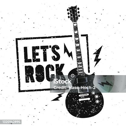 istock Vector Illustration Lets Rock Music Print Graphic Design with Guitar. Vintage Stamp Label. T-Shirt Lettering Artwork With Grunge Effect 1320142895