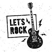 istock Vector Illustration Lets Rock Music Print Graphic Design with Guitar. Vintage Stamp Label. T-Shirt Lettering Artwork With Grunge Effect 1320142895