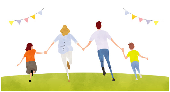 Vector illustration material: Family of four running, back view