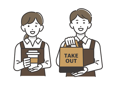 Vector illustration material of cafe clerk handing out take-out products / takeout / supermarket / cafe