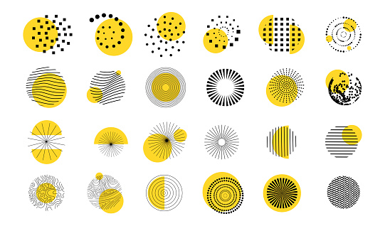 Vector illustration. Minimalist flat design elements for poster, book cover, frame, gift card. Abstract circle shapes collection with line art wavy pattern. Dots halftone. Yellow and black color
