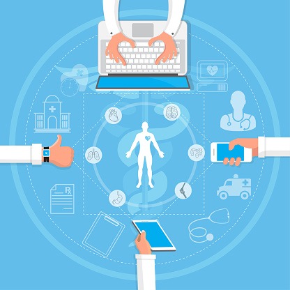 Vector illustration modern creative health infographics design on modern high tech devices using in run showing man tracking his health condition with watch, mobile application and computer services connection.