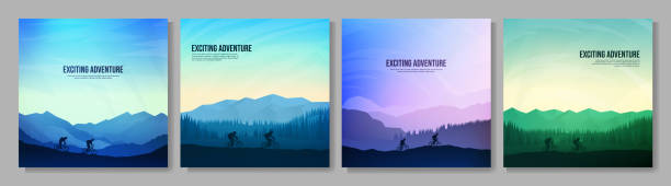 Vector illustration. Mountain bike. Travel concept of discovering, exploring and observing nature. Couple cycling. Adventure extreme tourism. Flat design elements or social media, web template Vector illustration. Mountain bike. Travel concept of discovering, exploring and observing nature. Couple cycling. Adventure extreme tourism. Flat design elements or social media, web template cycling backgrounds stock illustrations