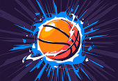 istock Vector illustration of a basketball on fire, with a dynamic dark background, a flaming basketball, energy around 1306258108