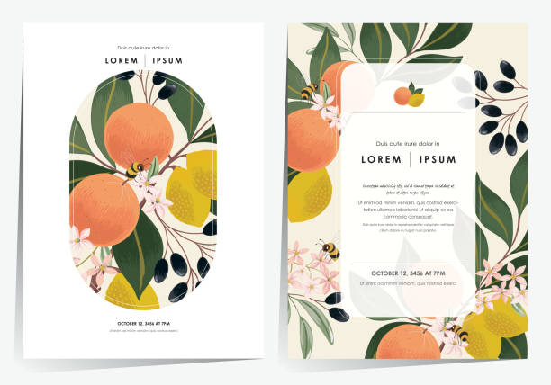 Vector illustration of a beautiful floral frame set with fruits. Design for cards, party invitation, Print, Frame Clip Art and Business Advertisement and Promotion bee borders stock illustrations