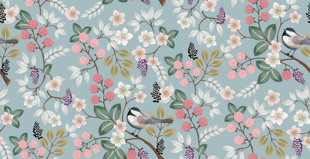 Vector illustration of a beautiful floral pattern with cute birds in spring. Design for banner, poster, card, invitation and scrapbook bird designs stock illustrations