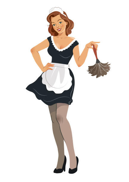 Vector illustration of a beautiful smiling young woman wearing french maid outfit with black dress and white apron, holding a feather duster, in vintage retro pinup girl style, isolated on white.  french maid outfit stock illustrations