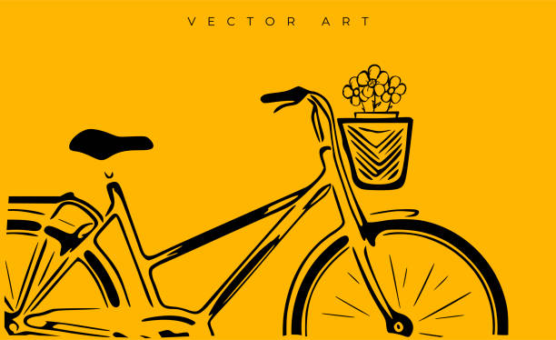 Vector illustration of a bicycle with flowers in a basket. Modern wall art, poster or banner. The concept of world bike day. Vector illustration of a bicycle with flowers in a basket. Modern wall art, poster or banner. The concept of world bike day. cycling backgrounds stock illustrations