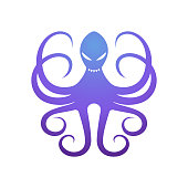 Blue octopus with angry eyes and sharp teeth it is isolated on a white background.
