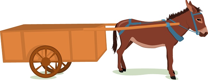 vector illustration of a brown donkey harnessed to a wooden cart, isolated on a white background