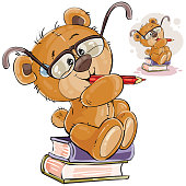 Vector illustration of a brown teddy bear with eyeglasses sits on a pile of books with a pencil in his paws and thinks, Print, template, design element