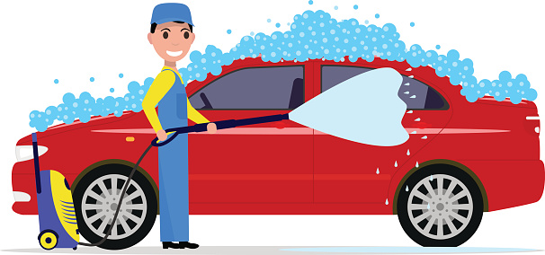 Vector illustration of a cartoon man washes a car