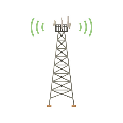 Vector illustration of a cellular communication tower. 5G, 4g signal distribution. The Internet. Modern technologies. Flat style
