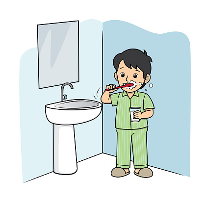 Vector illustration of a children's activity coloring book page with a picture of a child brushing teeth.