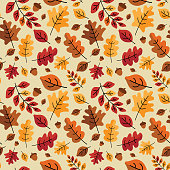 Vector illustration of a creative Autumn seamless pattern background with fall leaves. Colorful fall colors and foliage pattern.  Royalty free vector illustration. Includes vector eps and jpg in download.