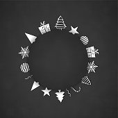 A dark gray or black coloured vector illustration of a christmas background with a circle sun shaped patch at the right with objects like gift box, present, xmas tree, snowflake, baubles, stars, swirls, candy cane, and tree  made of geometrical shapes in the right, arranged beautifully all around the circle. Apt for Xmas, Christmas, New Year Day New year's eve, holiday, vacation, vacations  theme backgrounds, greeting card cards, poster and backdrop.