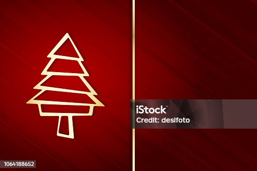 istock Vector illustration of a creative modular golden yellow christmas tree over self diagonal stroked red background. There is a thin golden vertical stripe/ band in the middle of the frame. 1064188652