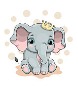 Vector illustration of a cute baby elephant with crown. Cartoon vector illustration