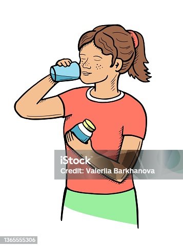 istock Vector illustration of a cute girl who drinks a glass of water, supplements, vitamins. Proper nutrition. amino acids. Doodle style. hand drawing 1365555306