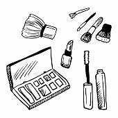 Vector illustration of a cute girlish makeup items icons set in hand drawn doodle style. Face and hands cream, hair spray, lipstick, oil, eyeshadows, perfume, nail polish, mascara.